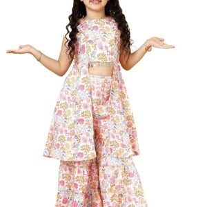 a.t.u.n. (all things uber nice) girls poly silk floral printed 3/4 sleeve sharara set | traditional ethnic wear clothing set for festival and special occasions